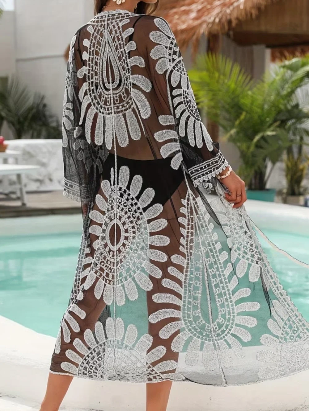 Black & White Lace Crochet Swim Cover-Up Kimono